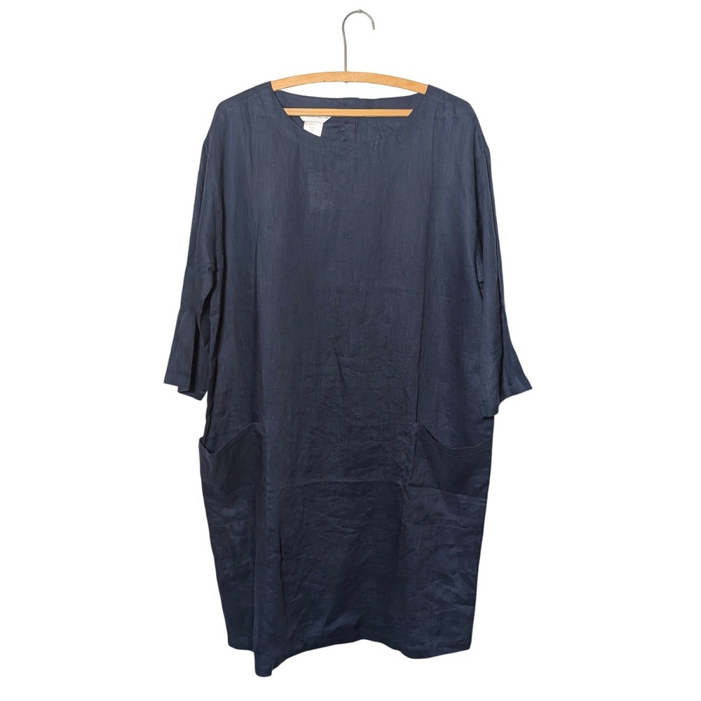 The Company Store Navy Blue 100% Linen Shift Dress Pockets Lagenlook  Large NWT